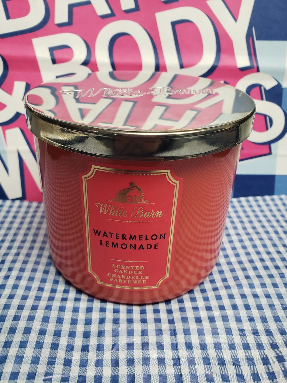 BBW Watermelon Lemonade Shiny Red White Barn Large 3 Wick Candle Home Fragrance